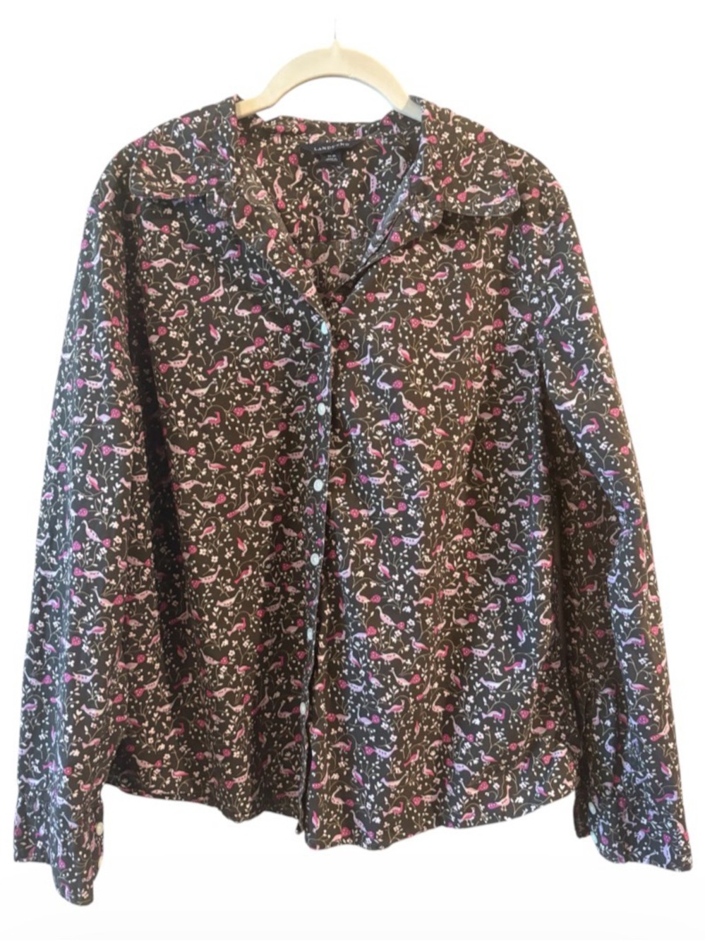 Lands’ End Large Cottagecore Floral Bird Print Button Front Blouse